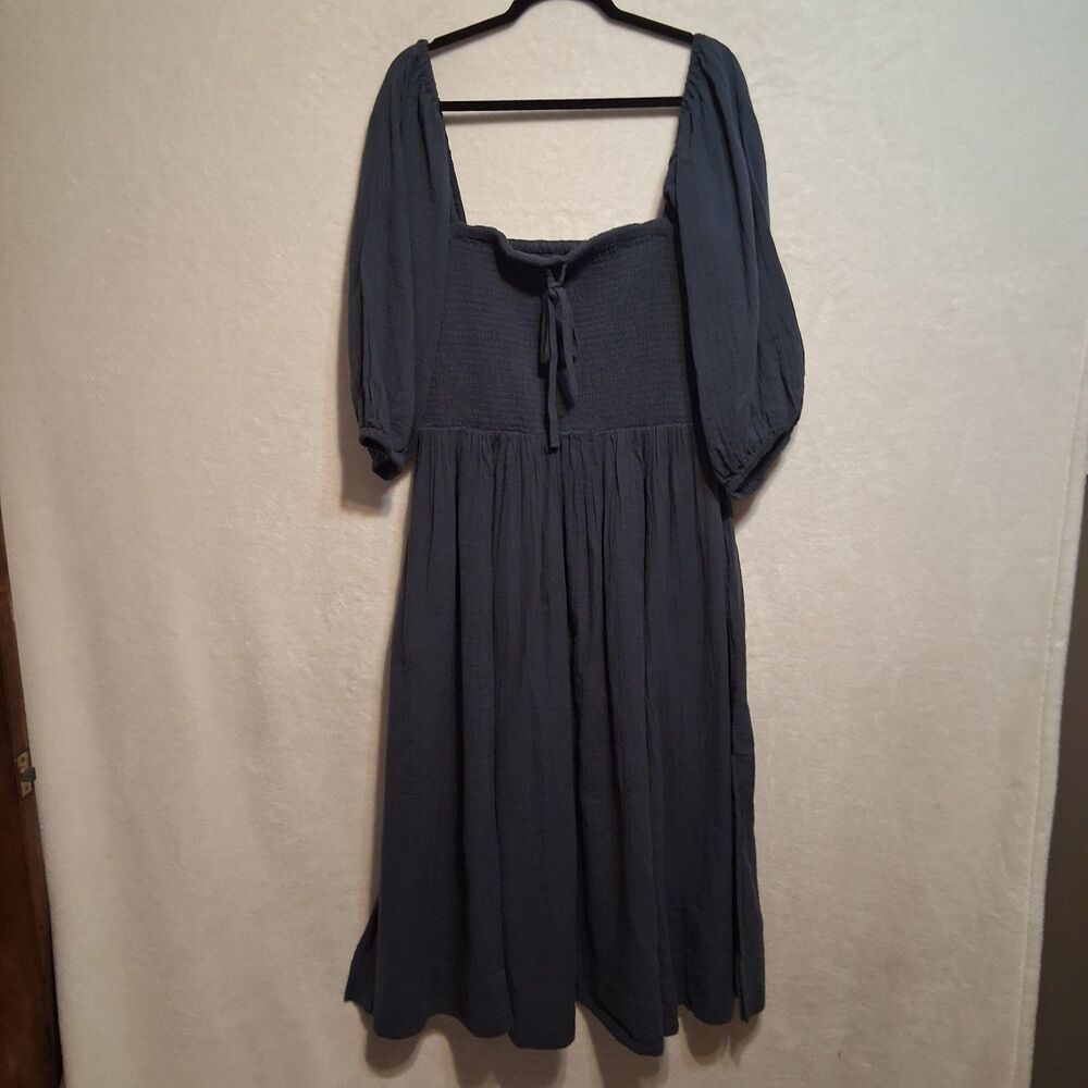 Quince XL Dress Midi Organic Cotton Slate Blue Smocked Puff 3/4 Sleeve Peasant